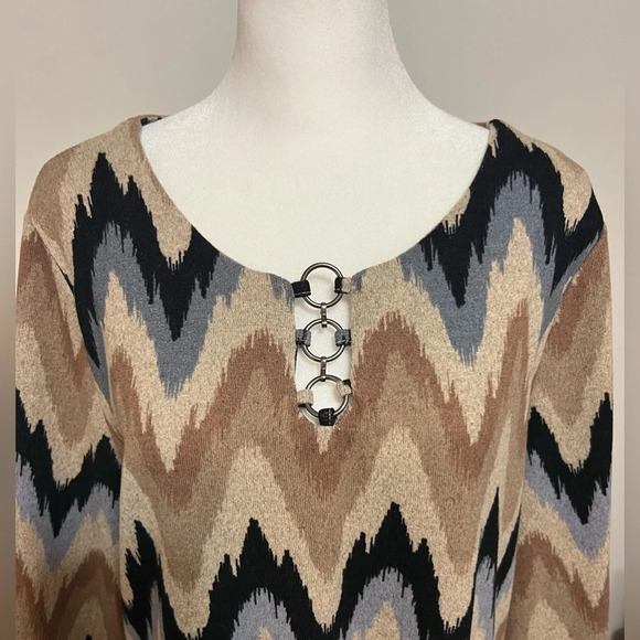 TACERA Women’s Earthy Tone Aztec Chevron 3/4 Sleeve Dress Large - Picture 8 of 14